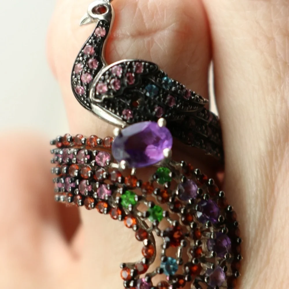 Sterling Silver Peacock Statement Ring Amethyst & Multi Gemstones in Sz 7 💚🦚🩵💍💜